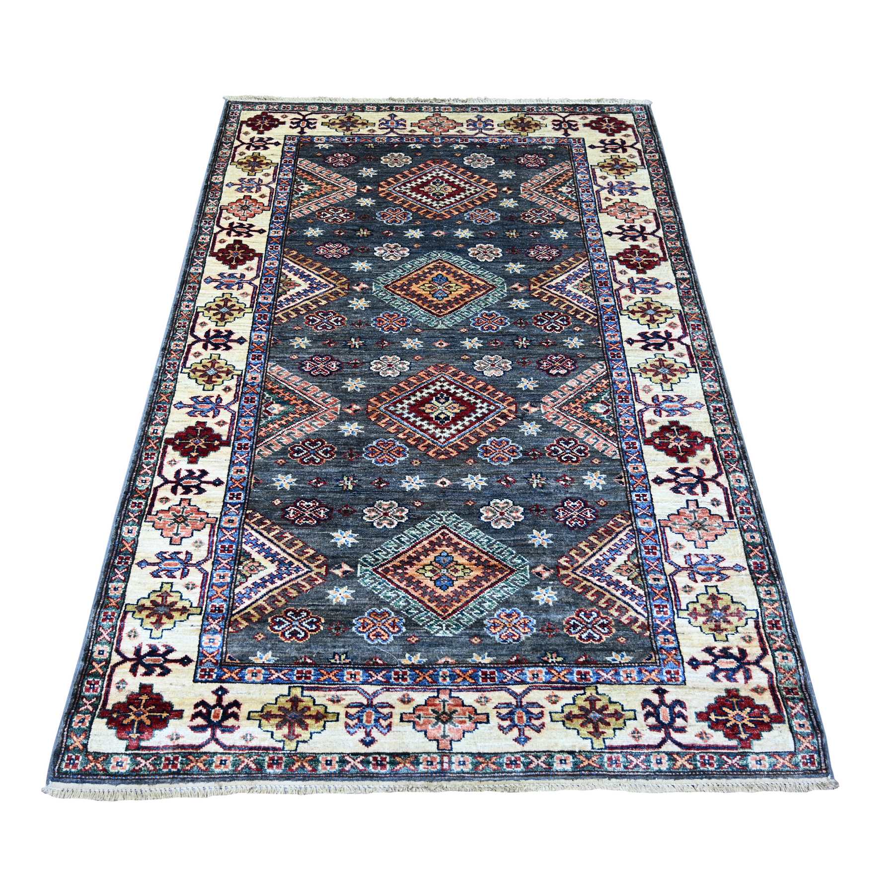 Dim Gray, Afghan Super Kazak with Geometric Medallions Design, Hand Knotted, Soft and Shiny Wool, Vegetable Dyes, Oriental Rug